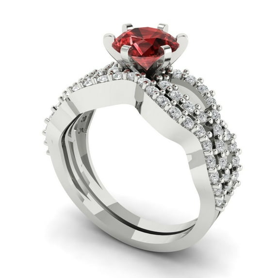 1.52 ct Brilliant Round Cut Natural Garnet 18K White Gold Solitaire with Accents Engagement Bridal Wedding Ring Band Set size 8.25