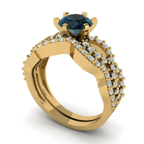 1.52 ct Brilliant Round Cut Natural London Blue Topaz 18K Yellow Gold Solitaire with Accents Engagement Bridal Wedding Ring Band Set size 3.5