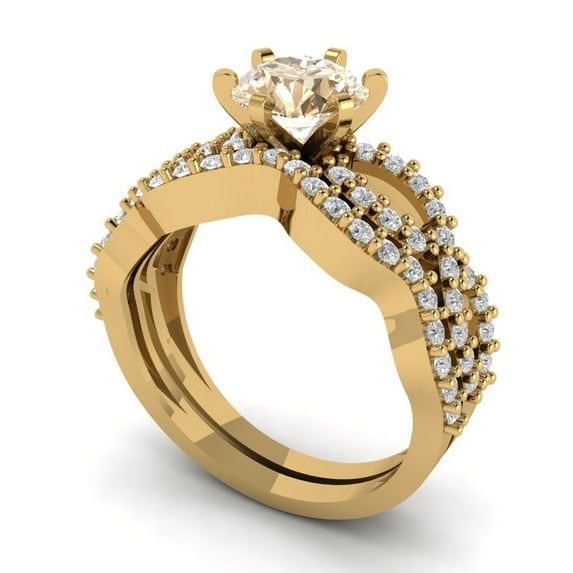 1.52 ct Brilliant Round Cut Natural Morganite 18K Yellow Gold Solitaire with Accents Engagement Bridal Wedding Ring Band Set size 6.75