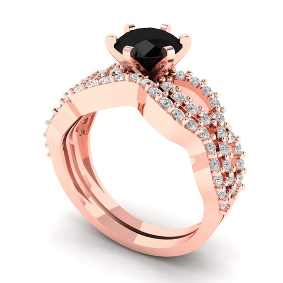 1.52 ct Brilliant Round Cut Natural Onyx 14k Rose Gold Solitaire with Accents Engagement Bridal Wedding Ring Band Set size 5.75