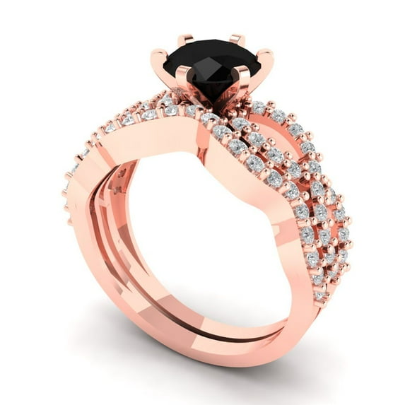 1.52 ct Brilliant Round Cut Natural Onyx 14k Rose Gold Solitaire with Accents Engagement Bridal Wedding Ring Band Set size 6.75