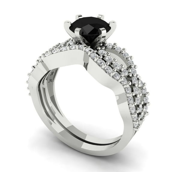 1.52 ct Brilliant Round Cut Natural Onyx 18K White Gold Solitaire with Accents Engagement Bridal Wedding Ring Band Set size 10.25