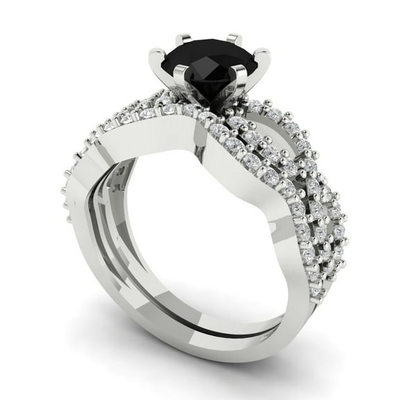 1.52 ct Brilliant Round Cut Natural Onyx 18K White Gold Solitaire with Accents Engagement Bridal Wedding Ring Band Set size 3.5
