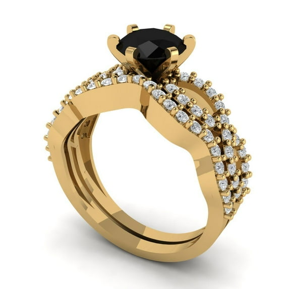 1.52 ct Brilliant Round Cut Natural Onyx 18K Yellow Gold Solitaire with Accents Engagement Bridal Wedding Ring Band Set size 9.25