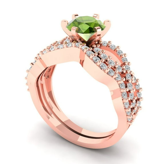 1.52 ct Brilliant Round Cut Natural Peridot 14k Rose Gold Solitaire with Accents Engagement Bridal Wedding Ring Band Set size 9.75
