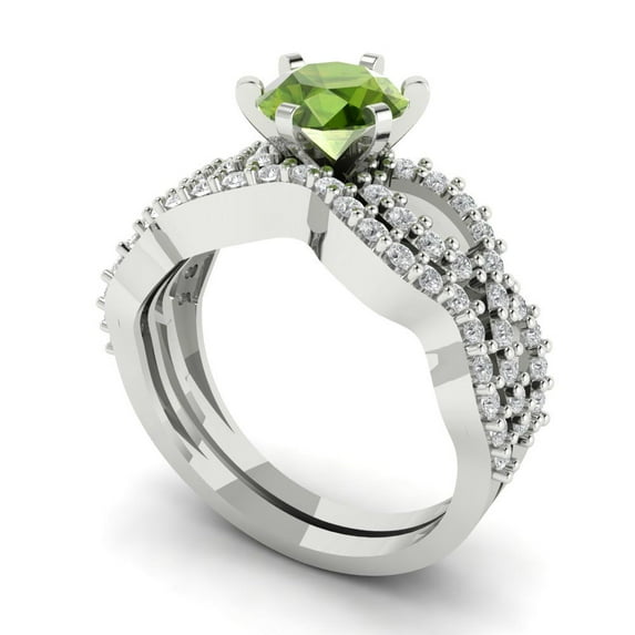 1.52 ct Brilliant Round Cut Natural Peridot 18K White Gold Solitaire with Accents Engagement Bridal Wedding Ring Band Set size 3.75