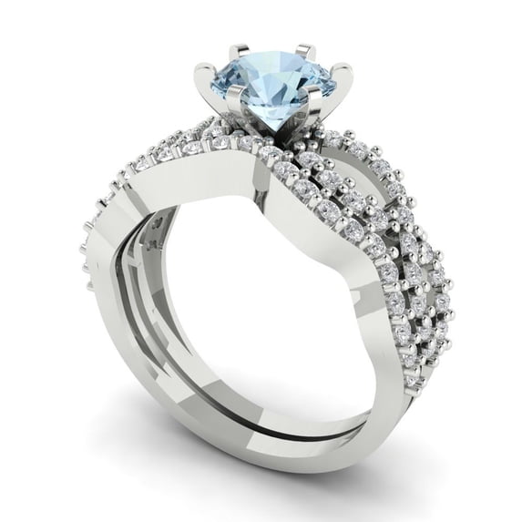 1.52 ct Brilliant Round Cut Natural Swiss Blue Topaz 14k White Gold Solitaire with Accents Engagement Bridal Wedding Ring Band Set size 5.5