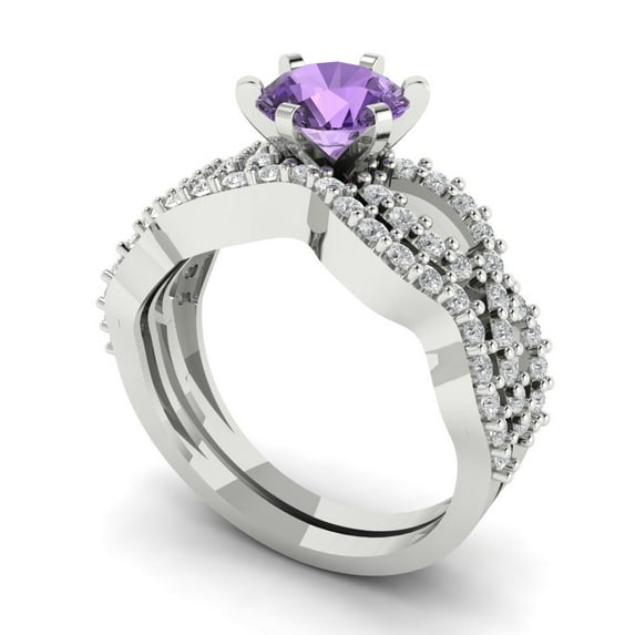 1.52 ct Brilliant Round Cut Alexandrite 18K White Gold Solitaire with Accents Engagement Bridal Wedding Ring Band Set size 8.25