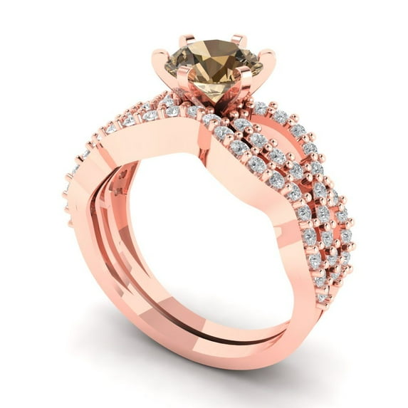 1.52 ct Brilliant Round Cut Champagne 14k Rose Gold Solitaire with Accents Engagement Bridal Wedding Ring Band Set size 4.75