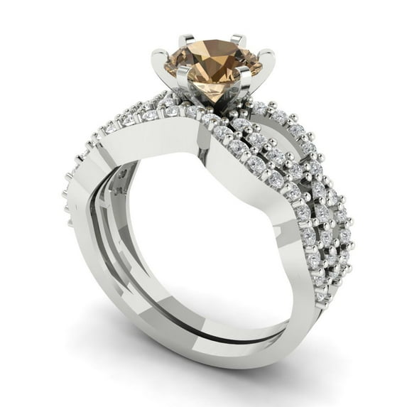 1.52 ct Brilliant Round Cut Champagne 18K White Gold Solitaire with Accents Engagement Bridal Wedding Ring Band Set size 5.25