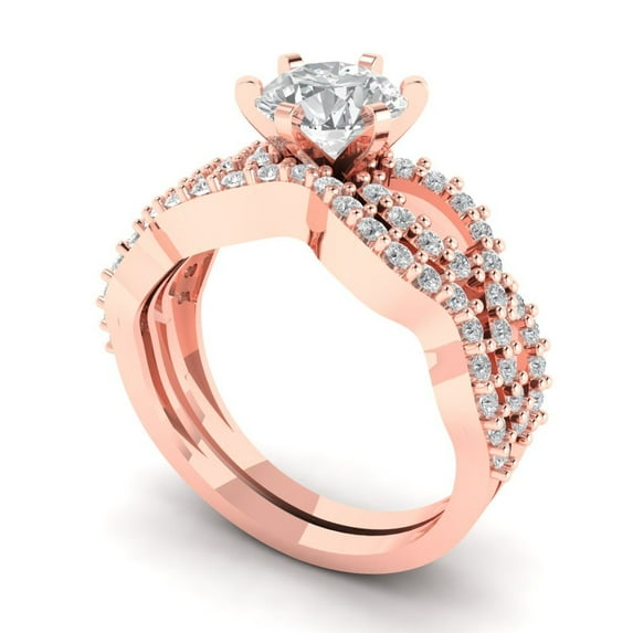 1.52 ct Brilliant Round Cut Zircon 14k Rose Gold Solitaire with Accents Engagement Bridal Wedding Ring Band Set size 9.25