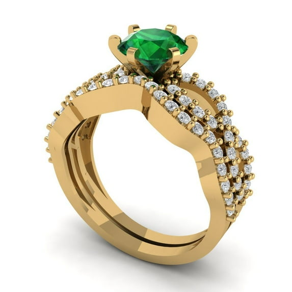 1.52 ct Brilliant Round Cut Emerald 14k Yellow Gold Solitaire with Accents Engagement Bridal Wedding Ring Band Set size 6