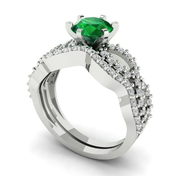 1.52 ct Brilliant Round Cut Emerald 18K White Gold Solitaire with Accents Engagement Bridal Wedding Ring Band Set size 6.5