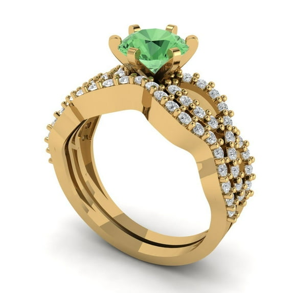 1.52 ct Brilliant Round Cut Green Zircon 14k Yellow Gold Solitaire with Accents Engagement Bridal Wedding Ring Band Set size 5.25