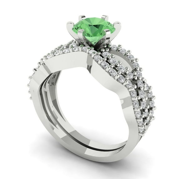 1.52 ct Brilliant Round Cut Green Zircon 18K White Gold Solitaire with Accents Engagement Bridal Wedding Ring Band Set size 10.75