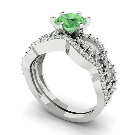 1.52 ct Brilliant Round Cut Green Zircon 18K White Gold Solitaire with Accents Engagement Bridal Wedding Ring Band Set size 3.5