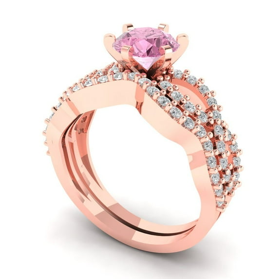 1.52 ct Brilliant Round Cut Pink Zircon 18K Rose Gold Solitaire with Accents Engagement Bridal Wedding Ring Band Set size 3.75