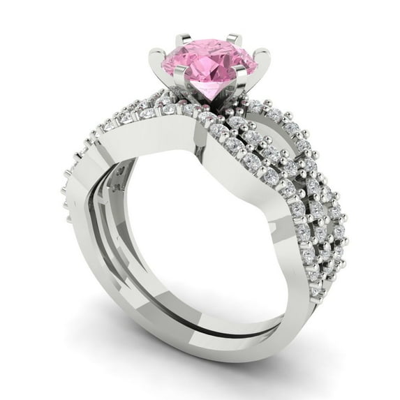 1.52 ct Brilliant Round Cut Pink Zircon 18K White Gold Solitaire with Accents Engagement Bridal Wedding Ring Band Set size 4.25