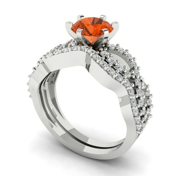 1.52 ct Brilliant Round Cut Red Zircon 18K White Gold Solitaire with Accents Engagement Bridal Wedding Ring Band Set size 3.5