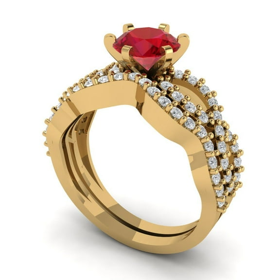 1.52 ct Brilliant Round Cut Ruby 14k Yellow Gold Solitaire with Accents Engagement Bridal Wedding Ring Band Set size 7.5