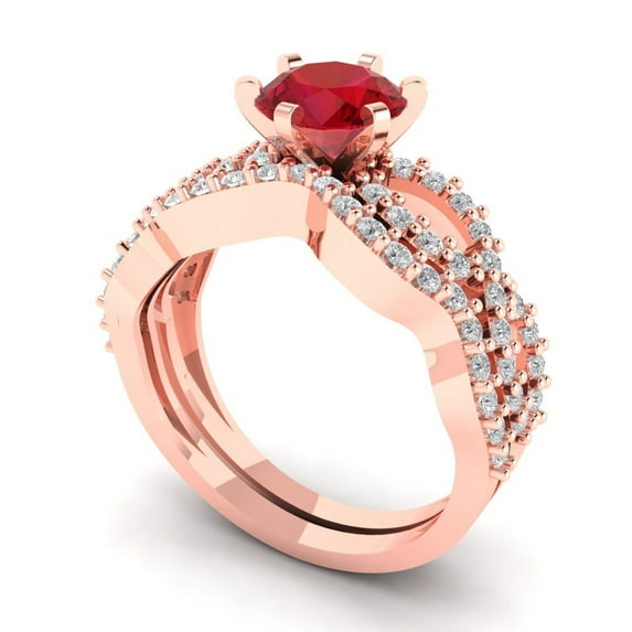 1.52 ct Brilliant Round Cut Ruby 18K Rose Gold Solitaire with Accents Engagement Bridal Wedding Ring Band Set size 7.75