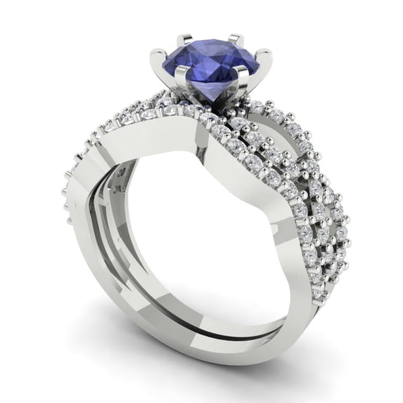 1.52 ct Brilliant Round Cut Tanzanite 14k White Gold Solitaire with Accents Engagement Bridal Wedding Ring Band Set size 8.75