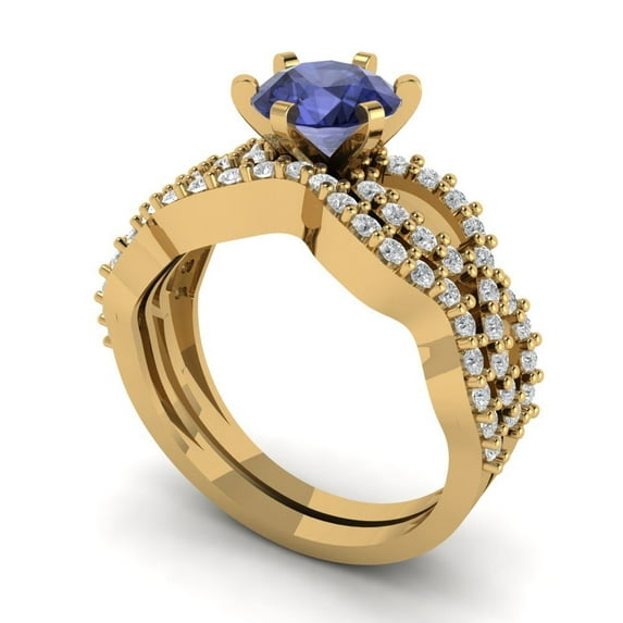 1.52 ct Brilliant Round Cut Tanzanite 18K Yellow Gold Solitaire with Accents Engagement Bridal Wedding Ring Band Set size 6.75