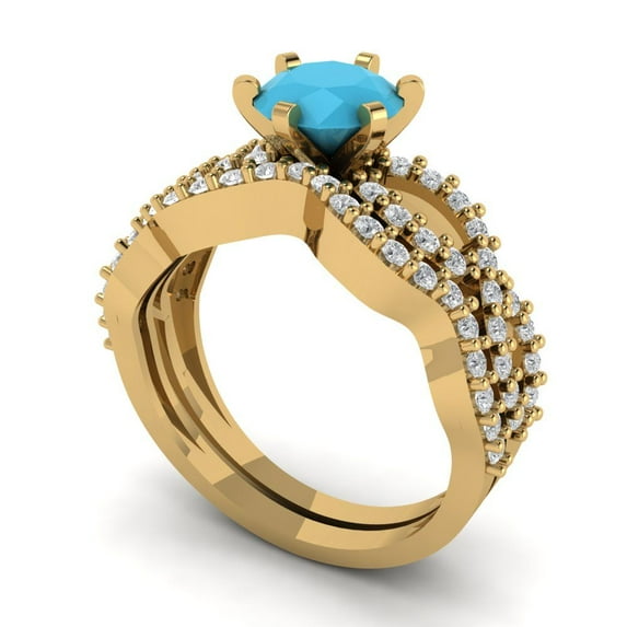 1.52 ct Brilliant Round Cut Turquoise 18K Yellow Gold Solitaire with Accents Engagement Bridal Wedding Ring Band Set size 4.25