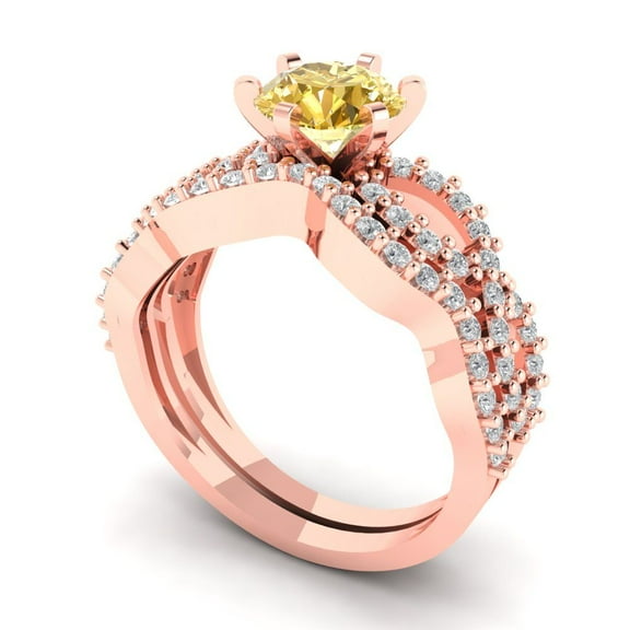 1.52 ct Brilliant Round Cut Yellow Zircon 18K Rose Gold Solitaire with Accents Engagement Bridal Wedding Ring Band Set size 3.5