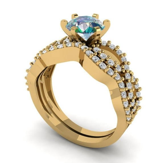 1.52 ct Brilliant Round Cut Blue Moissanite 14k Yellow Gold Solitaire with Accents Engagement Bridal Wedding Ring Band Set size 10