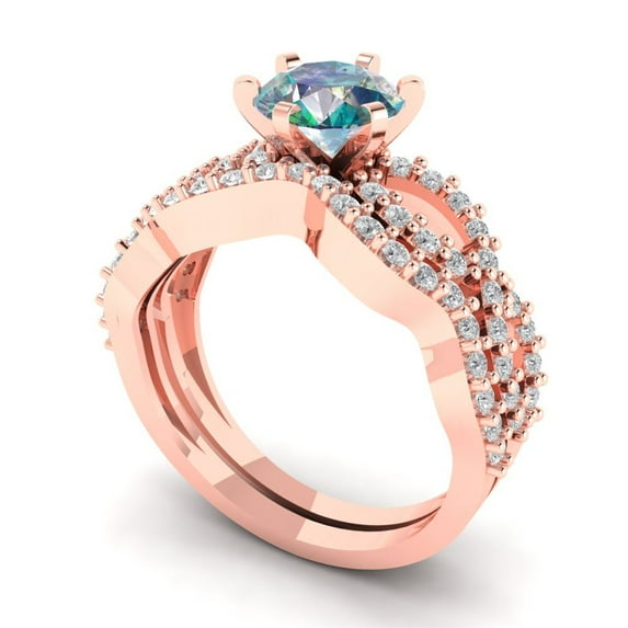 1.52 ct Brilliant Round Cut Blue Moissanite 18K Rose Gold Solitaire with Accents Engagement Bridal Wedding Ring Band Set size 7.5