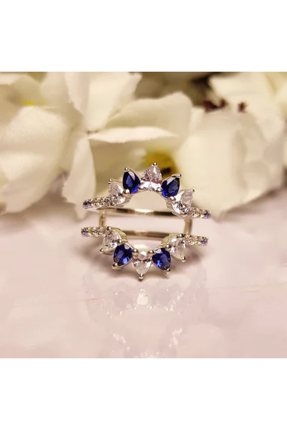 1.52Ct White & Blue Sapphire Ring Guard – Engagement Ring Jacket Wrap Enhancer, September Birthstone Bridal Band