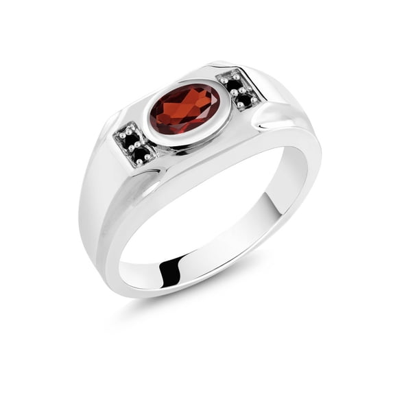 1.53 Ct Oval Red Garnet Black Diamond 925 Sterling Silver Men's Ring