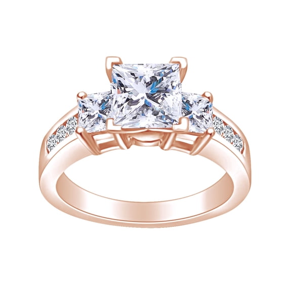 AFFY (1.53 Cttw) Princess & Round Cut White Natural Diamond Three Stone Engagement Ring In 14k Solid Rose Gold Ring Size-9.5