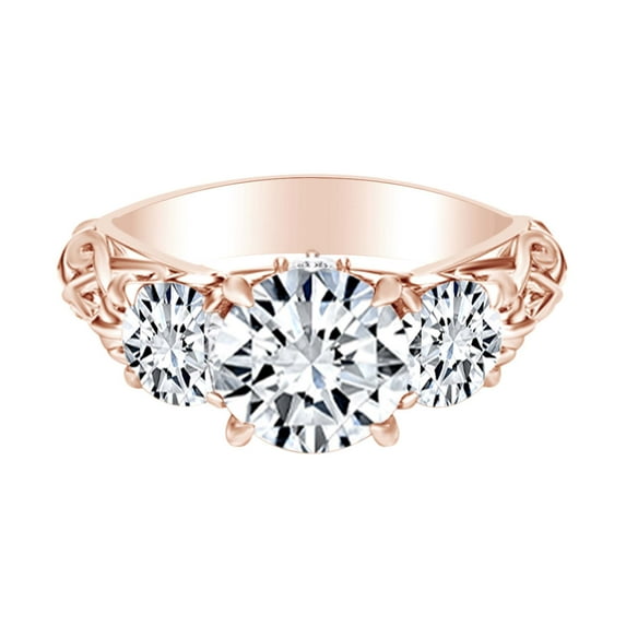 AFFY 1.54 Carat Round Shape Moissanite & Natural Diamond Three Stone Engagement Ring 14K Solid Rose Gold Ring Size-8