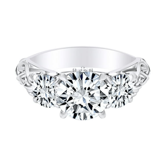 AFFY 1.54 Carat Round Shape Moissanite & Natural Diamond Three Stone Engagement Ring 14K Solid White Gold Ring Size-9