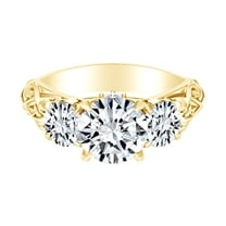 AFFY 1.54 Carat Round Shape Moissanite & Natural Diamond Three Stone Engagement Ring 14K Solid Yellow Gold Ring Size-5