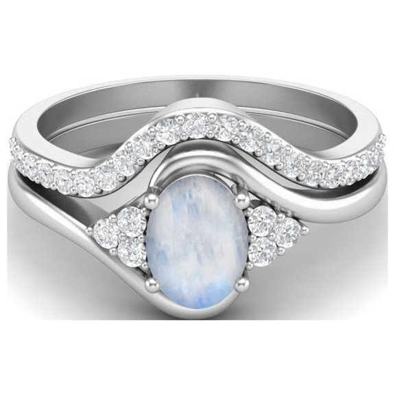 1.54 Ctw Natural Moonstone 925 Sterling Silver Classic Dual Band Women Bridal Ring