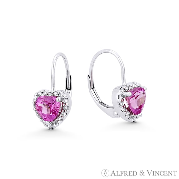 1.54ct Pink Lab Sapphire & Round Cut Diamond Leverback Earrings in 14k White Gold