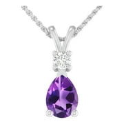 INSPEREZA 1.55 Carat 14K White Gold Amethyst and Round Lab Grown Diamond Solitaire Pendant Necklace for Women (G Color, SI Clarity)(7X5 mm Amethyst)