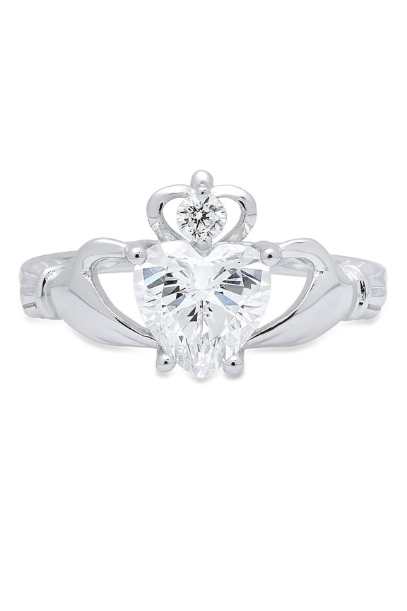 1.55 Ct Heart Cut Lab-Created White Diamond Claddagh Ring 14K White Gold Plated
