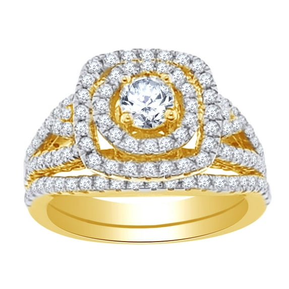 AFFY 1.55 Ct Round White Natural Diamond Cushion Frame Engagement Ring in 14k Yellow Gold Ring Size : 4