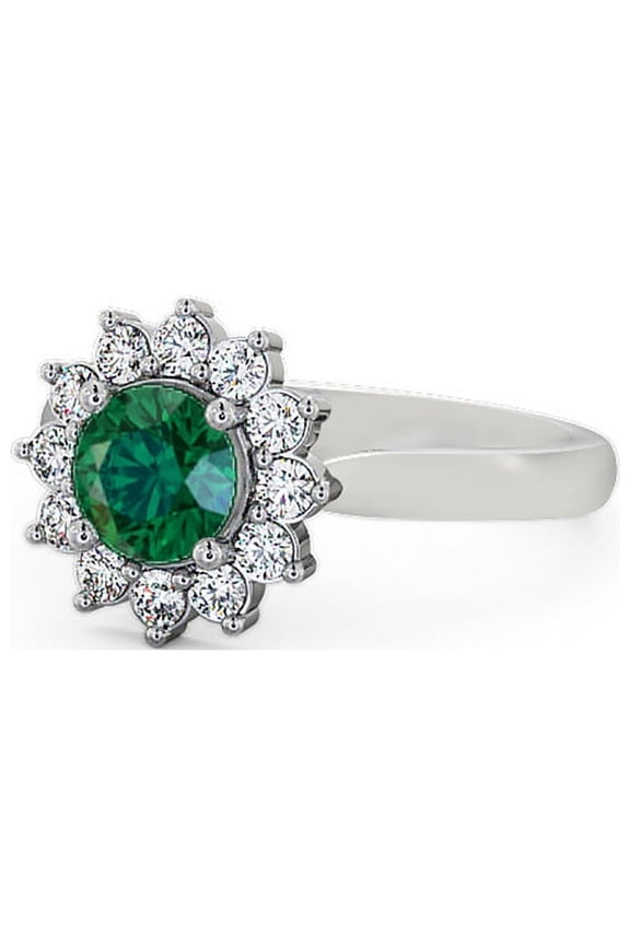 1.55 Ct Unique Floral Halo Round Cut Emerald Gemstone Genuine Diamond Engagement Ring 14K White Gold Size 8
