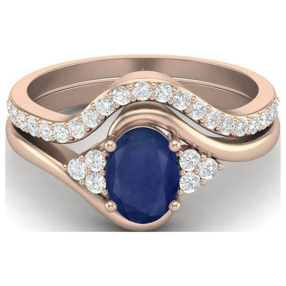 1.55 Ctw Blue Sapphire 925 Sterling Silver Rose Vermeil Classic Dual Band Mother's Day Gift Ring