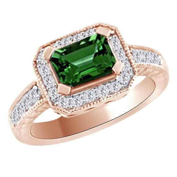 AFFY (1.55 cttw) Simulated Green Emerald & White Natural Diamond Halo Engagement Ring In 14K Solid Rose Gold With, Ring Size 7.5