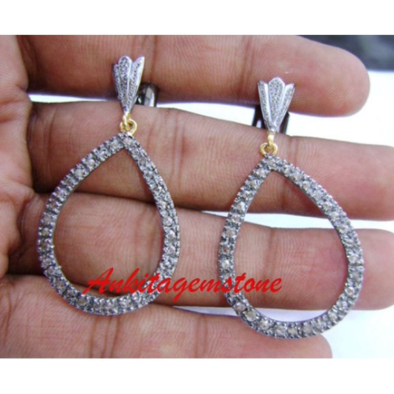 1.55ct Rosecut Diamond Dangle Earrings, Rosecut Earrings, Rosecut Jewelry. Dangle Eaarrings, Diamond earrings gold Plated earrings