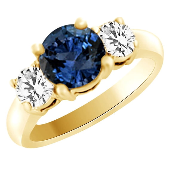 AFFY (1.55ct) Simulated Blue Sapphire & White Diamond Three Stone Engagement Ring In 14k Yellow Gold With Ring Size 4
