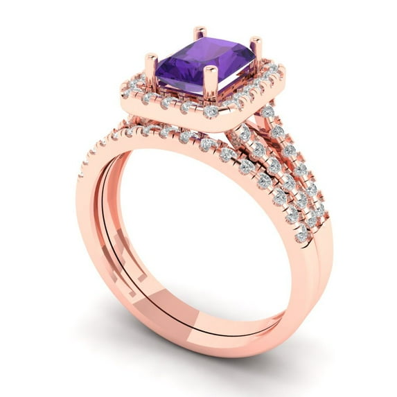 1.57 ct Brilliant Emerald Cut Natural Amethyst 18K Rose Gold Halo Solitaire with Accents Engagement Bridal Wedding Ring Band Set size 10.75
