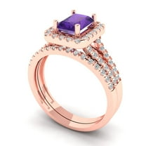 1.57 ct Brilliant Emerald Cut Natural Amethyst 18K Rose Gold Halo Solitaire with Accents Engagement Bridal Wedding Ring Band Set size 3.5