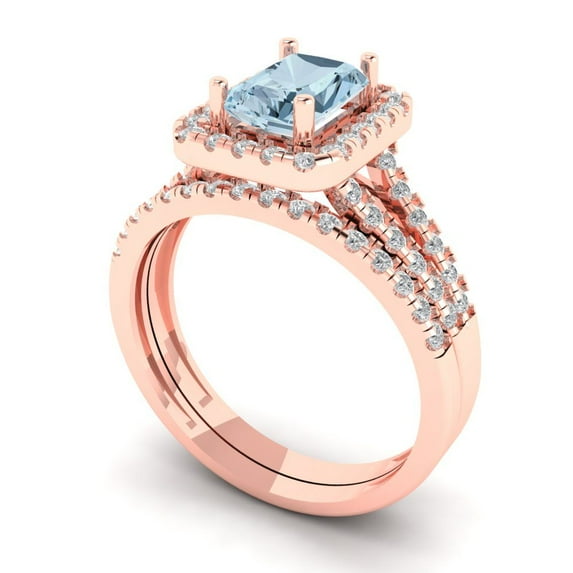 1.57 ct Brilliant Emerald Cut Natural Aquamarine 14k Rose Gold Halo Solitaire with Accents Engagement Bridal Wedding Ring Band Set size 10.25
